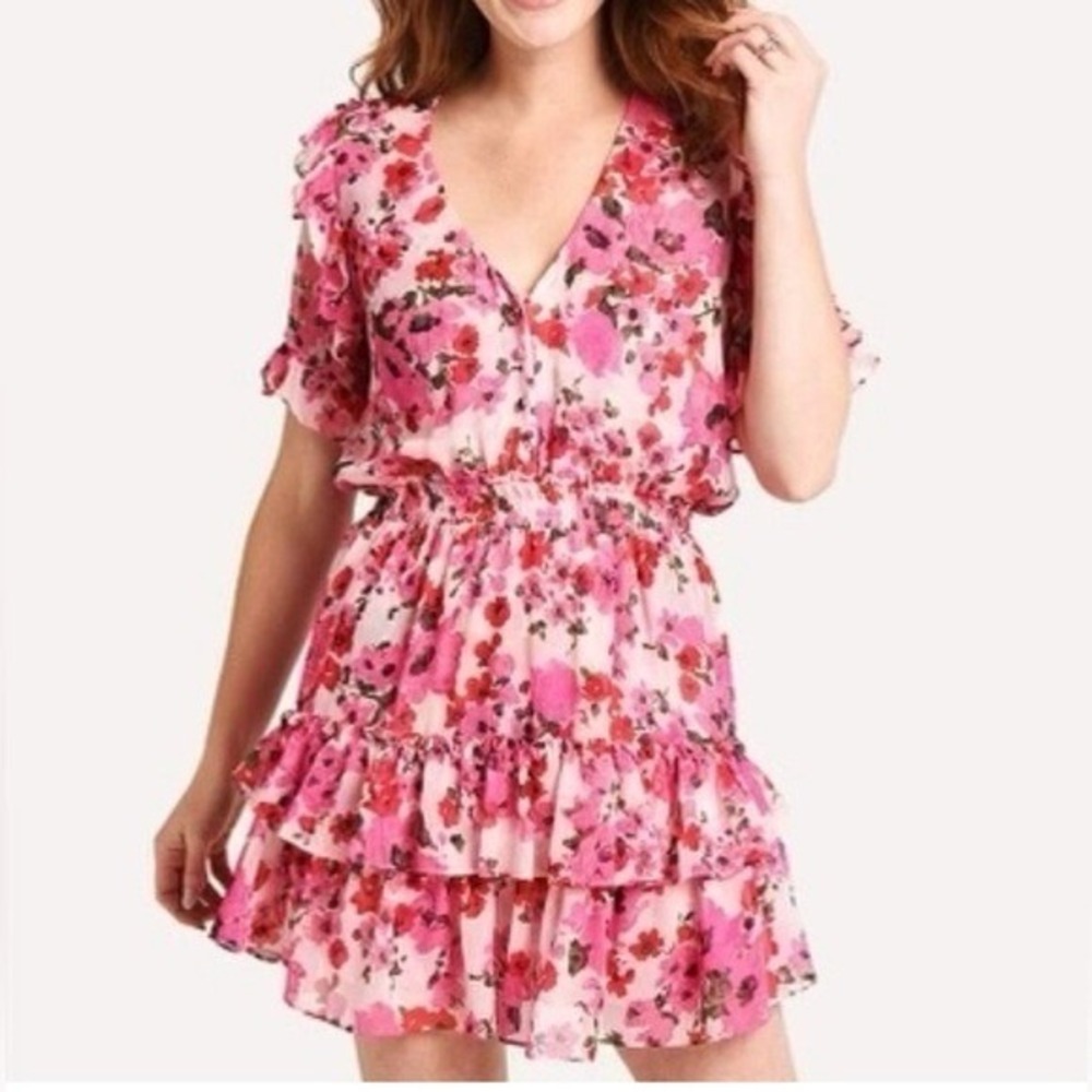 MISA Devan Mini Dress Floral Romantic Viscose Romantic Ruffles Tiered‎ Sz XS